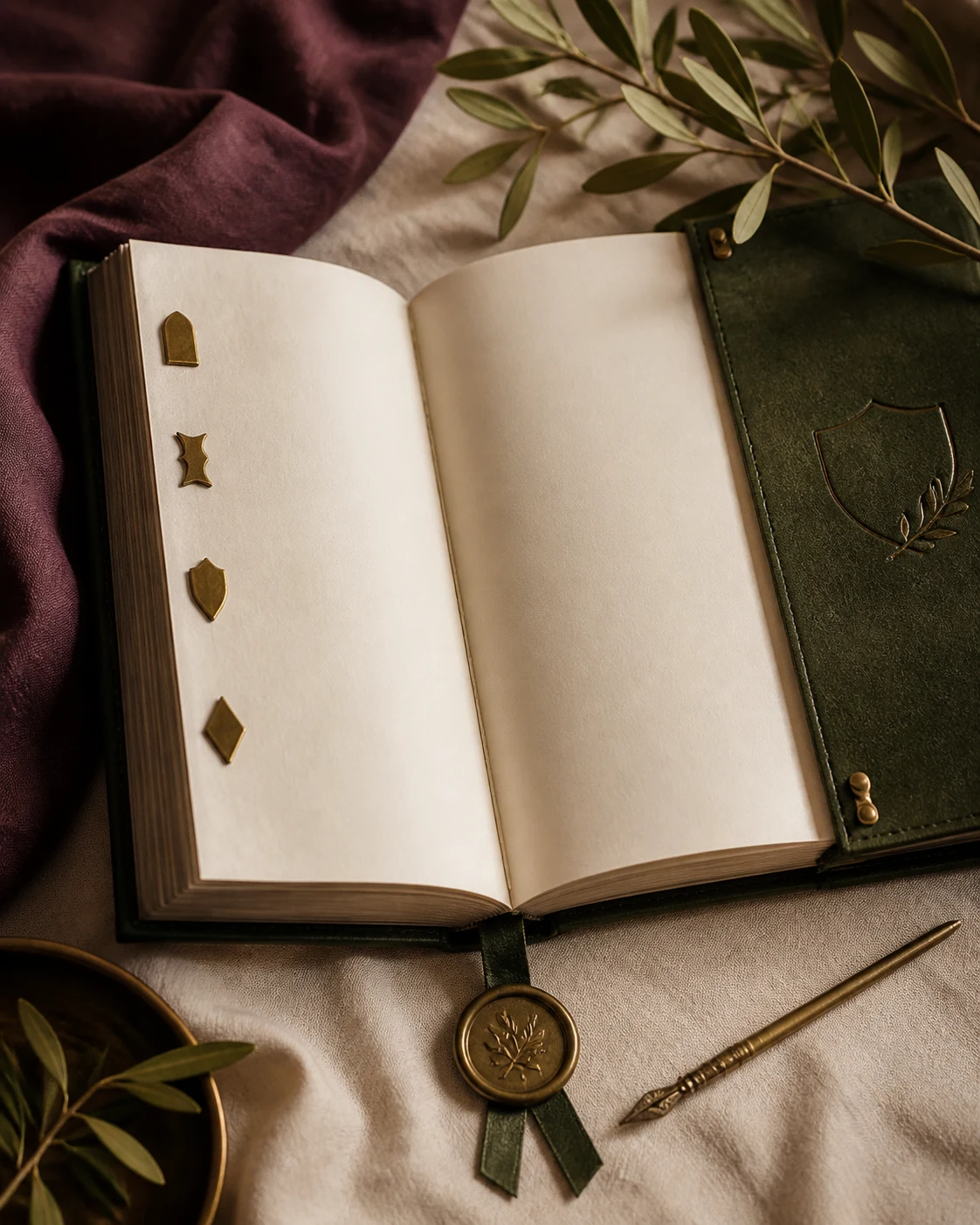 Livre de charte ouvert, sceau, plume et branche d’olivier.