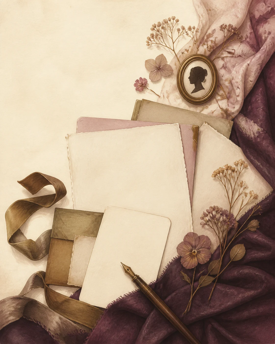Pages de récit, plume et fleurs séchées disposées sur une étoffe prune.