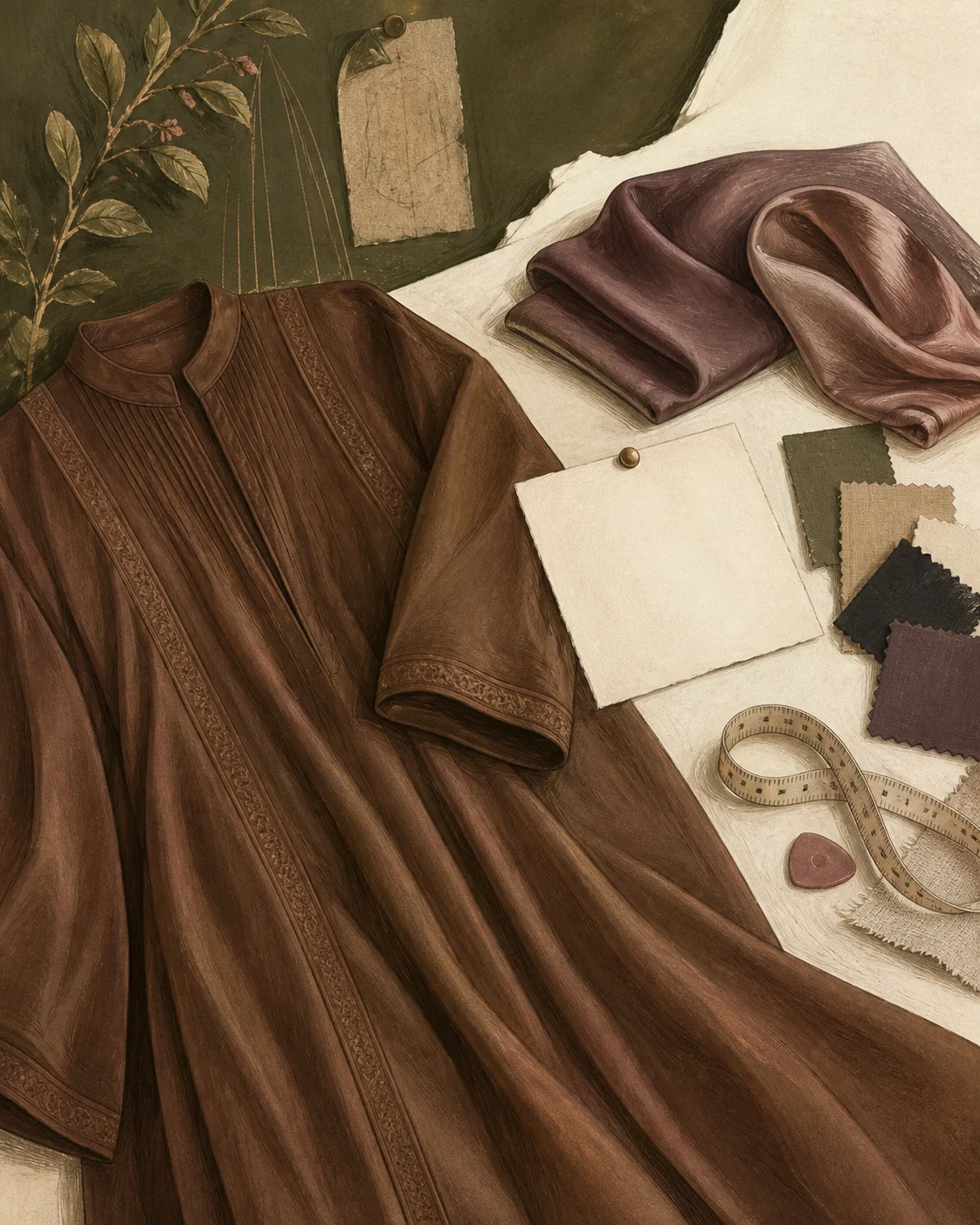 Abaya brune entourée d’étoffes, d’un mètre ruban et d’un carnet de sourcing