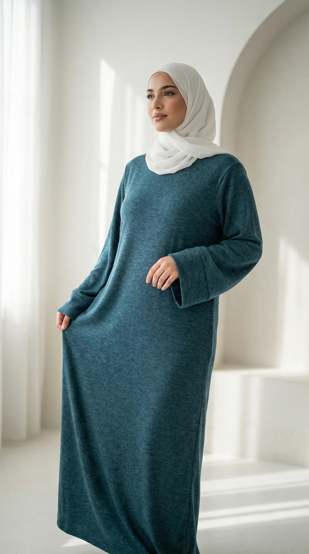 Robe Pull Longue Femme Vert Canard - Minimal Photo - Model Style: Hijabi
