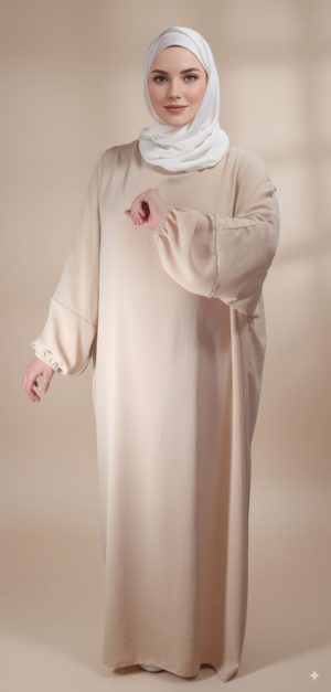 Abaya Beige Simple Longue et Ample avec Manches Élastiques