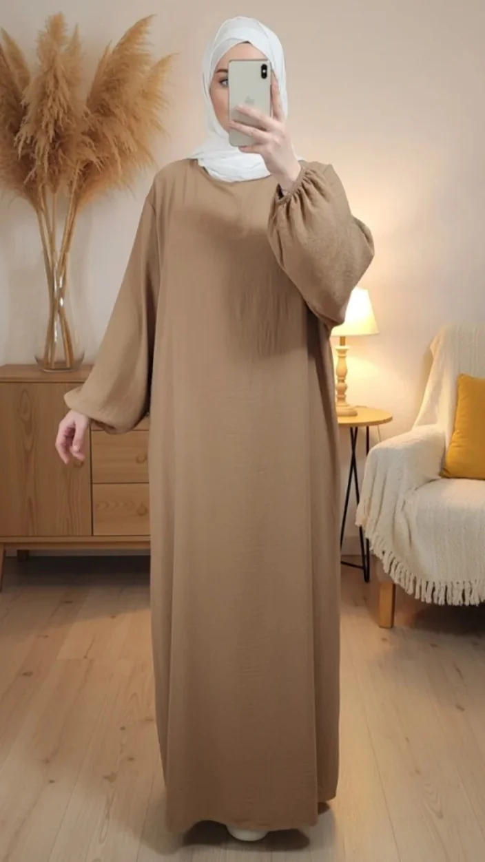 Abaya Camel Simple Longue avec Manches Élastiques