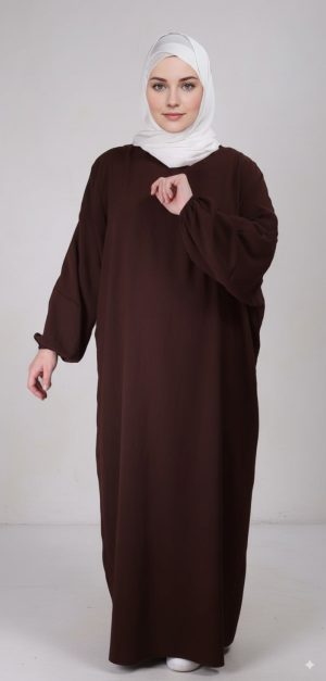 Abaya-Marron-Simple-Longue-et-Ample-avec-Manches-Elastiques.