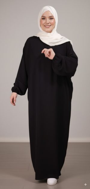 Abaya-Noire-Simple-Longue-et-Ample-avec-Manches-Elastiques