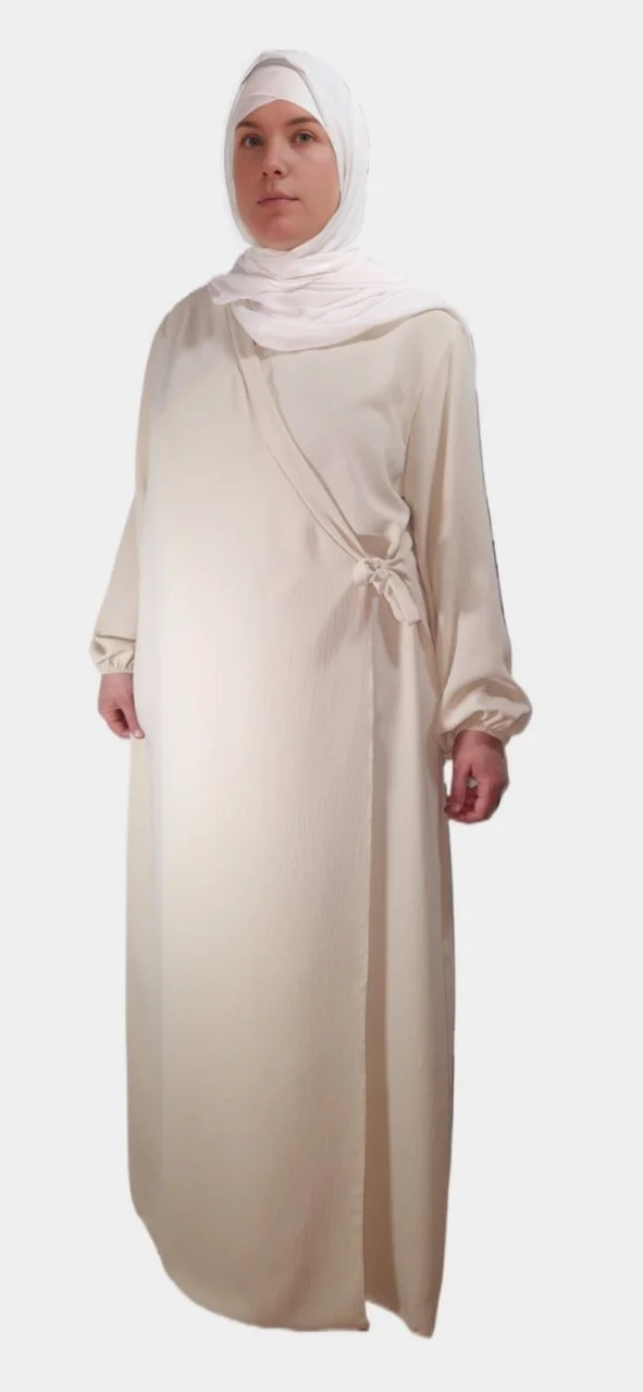 Robe Abaya Croisée Manches Bouffantes avec noeud Beige