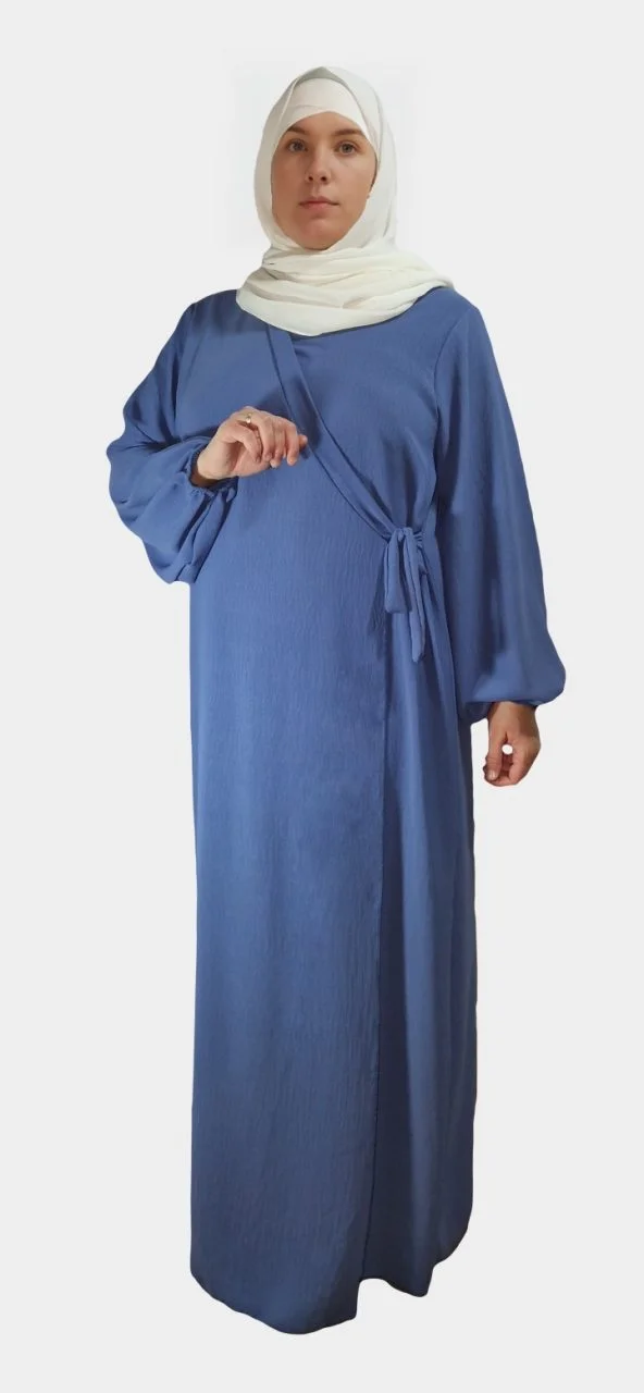 Robe Abaya Croisé Manches Bouffantes avec noeud Denim