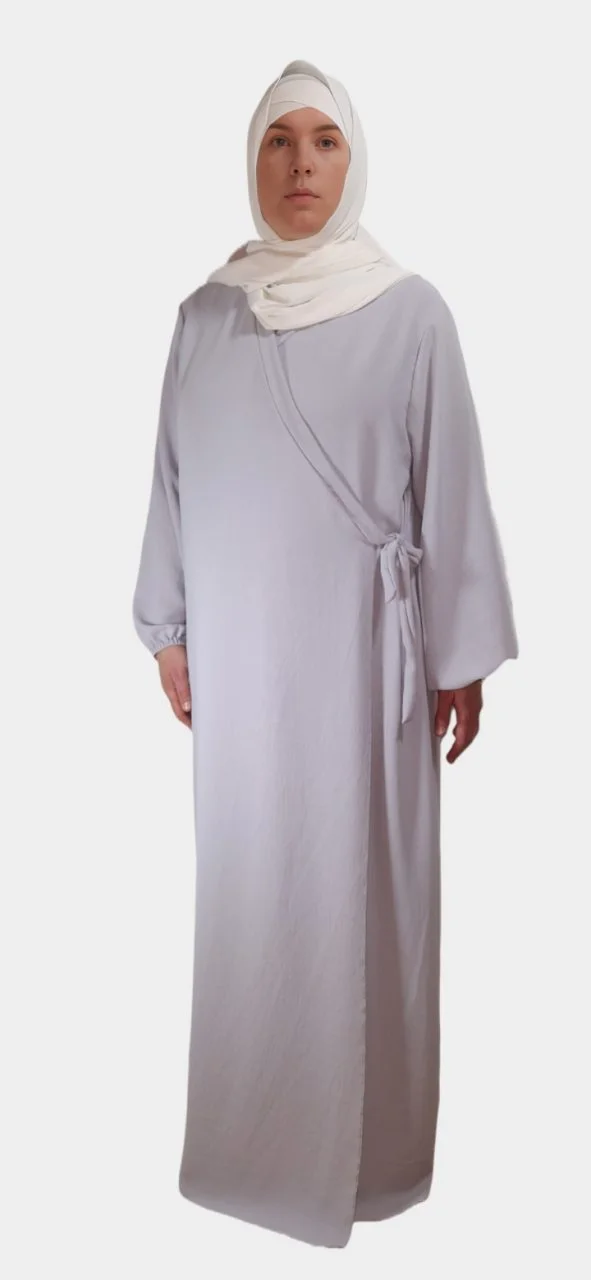 Robe Abaya Croisée Manches Bouffantes avec Noeud Grise