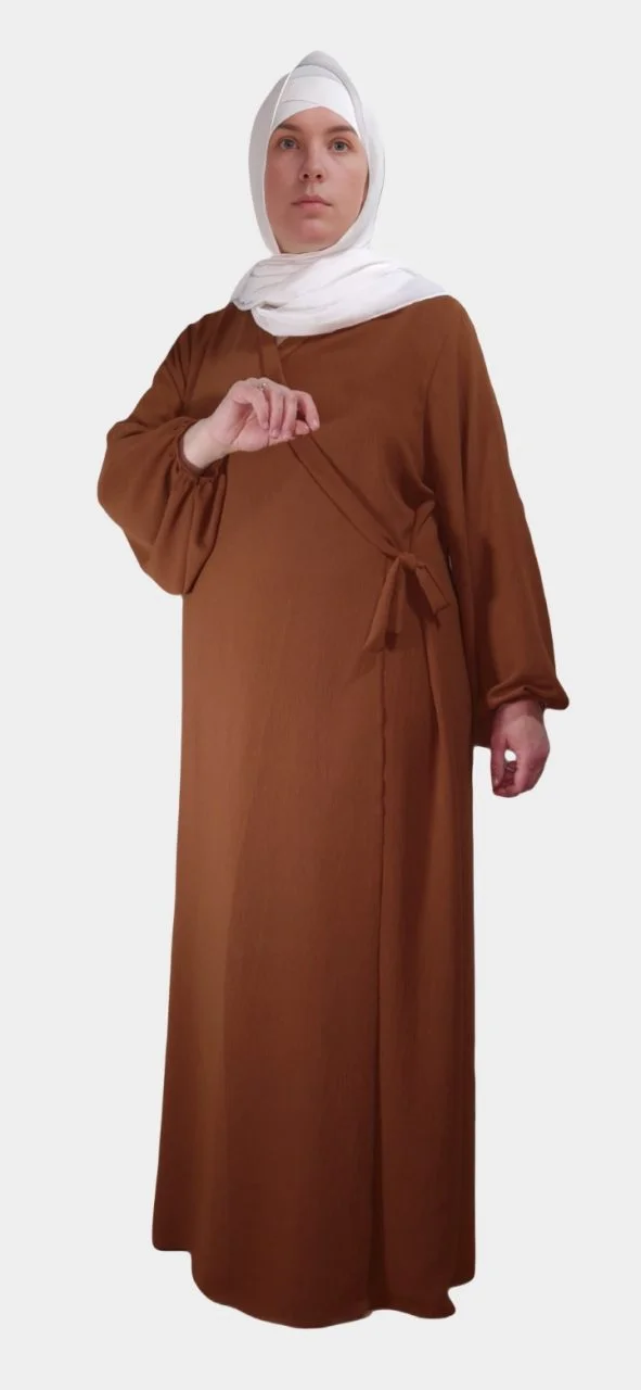 Abaya Croisé Manches Bouffantes avec noeud Marron