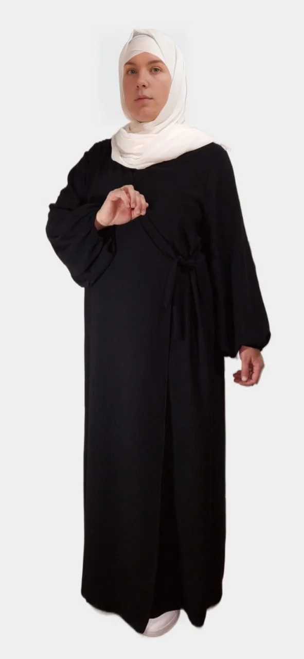 Robe Abaya Croisée Manches Bouffantes avec noeud Noire