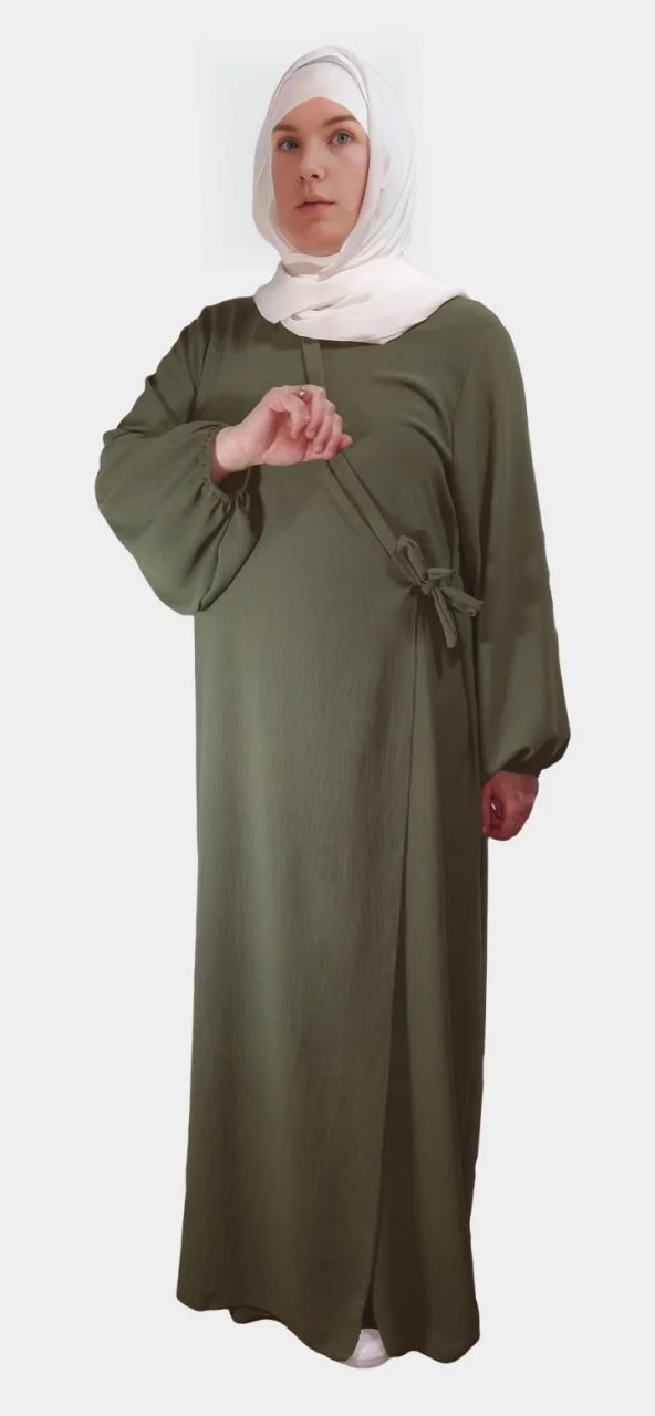 Abaya Croisée Manches Bouffantes avec noeud Kaki