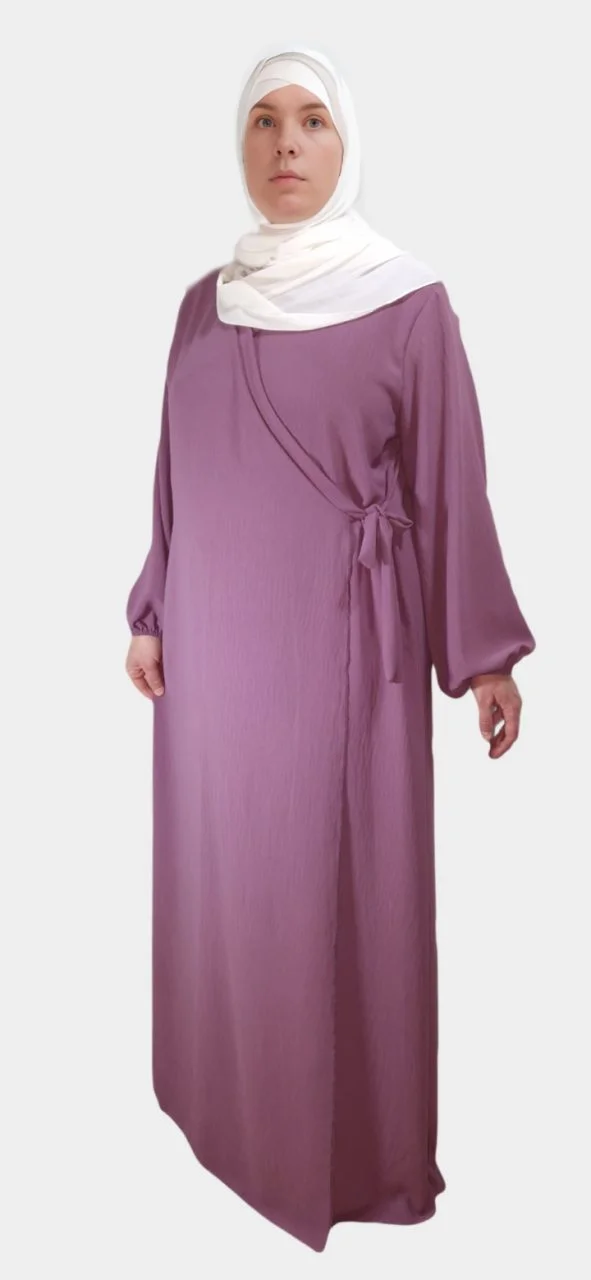 Abaya Croisée Manches Bouffantes avec noeud Mauve