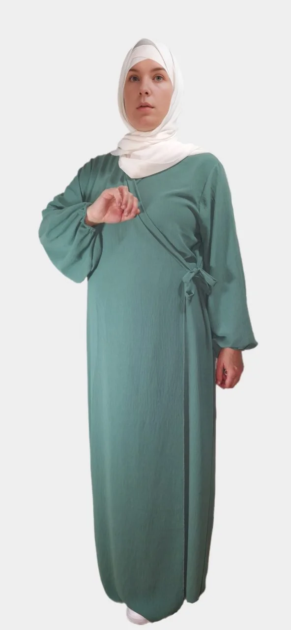 Abaya Croisée Manches Bouffantes avec noeud Vert d'eau
