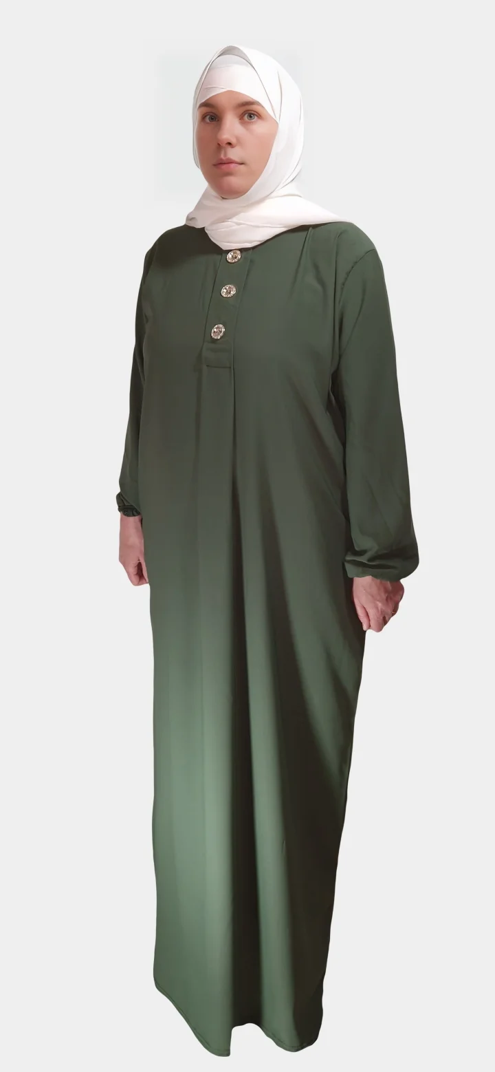 Abaya Longue boutonnée en soie de médine Kaki