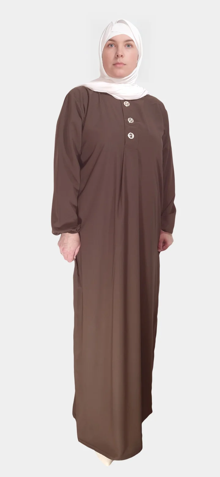 Abaya Longue boutonnée en soie de médine Marron