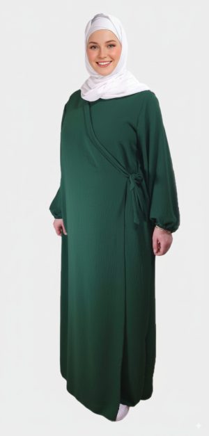 Abaya Croisée Manches Bouffantes avec noeud Vert Sapin