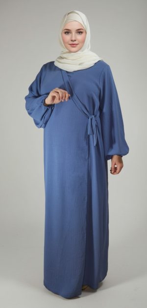 Robe Abaya Croisé Manches Bouffantes avec noeud Denim