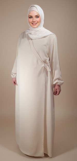 Robe Abaya Croisée Manches Bouffantes avec noeud Beige