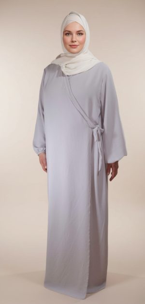 Robe Abaya Croisée Manches Bouffantes avec noeud Grise