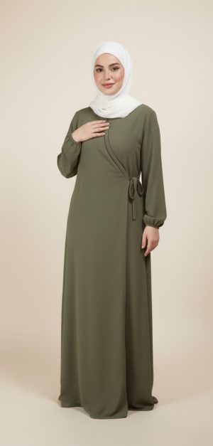 Robe Abaya Croisée Manches Bouffantes avec noeud Kaki