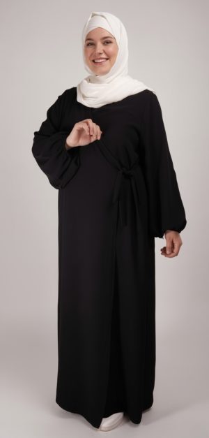 Robe Abaya Croisée Manches Bouffantes avec noeud Noire