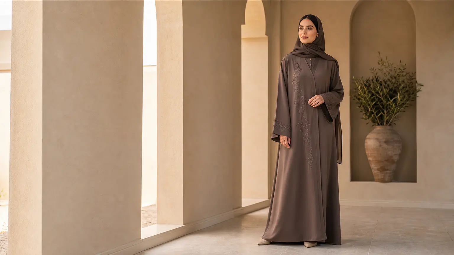 Femme portant une abaya chocolat fluide aux finitions ton sur ton dans un intérieur beige lumineux.