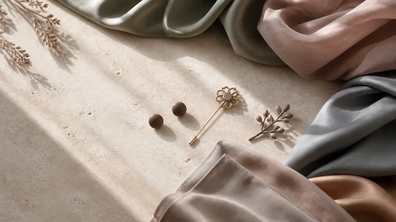 Aimants, épingle, broche et bonnet de hijab disposés sur des textiles aux tons sauge, nude et moka.