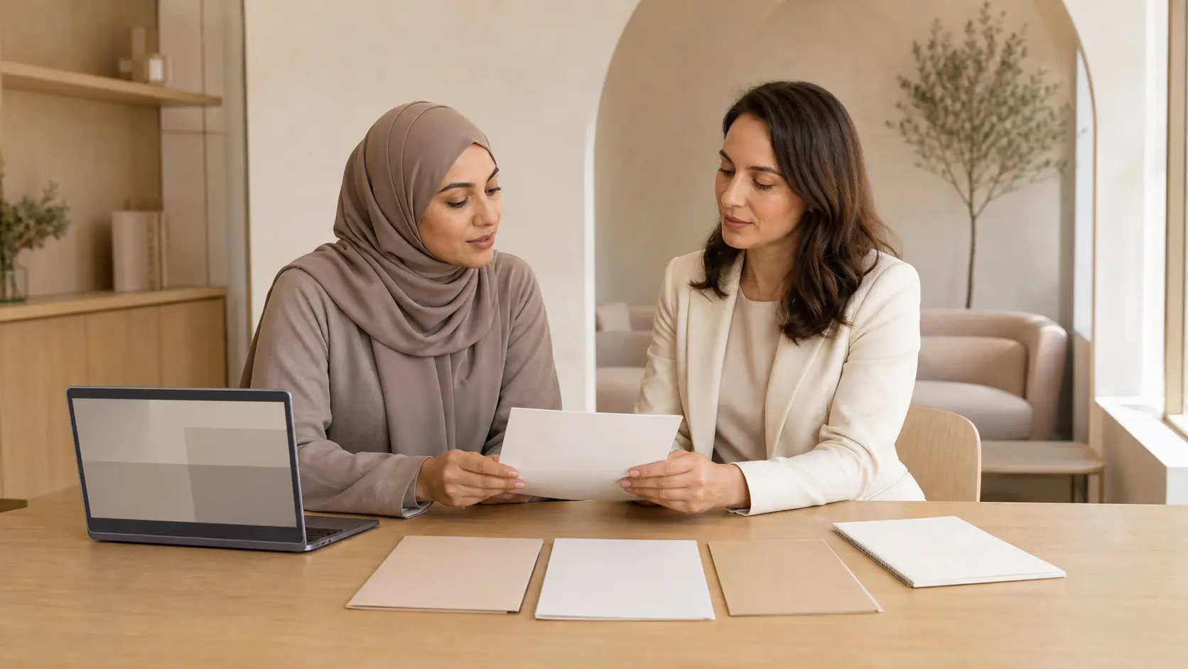 Femme musulmane vérifiant des informations juridiques avec une conseillère