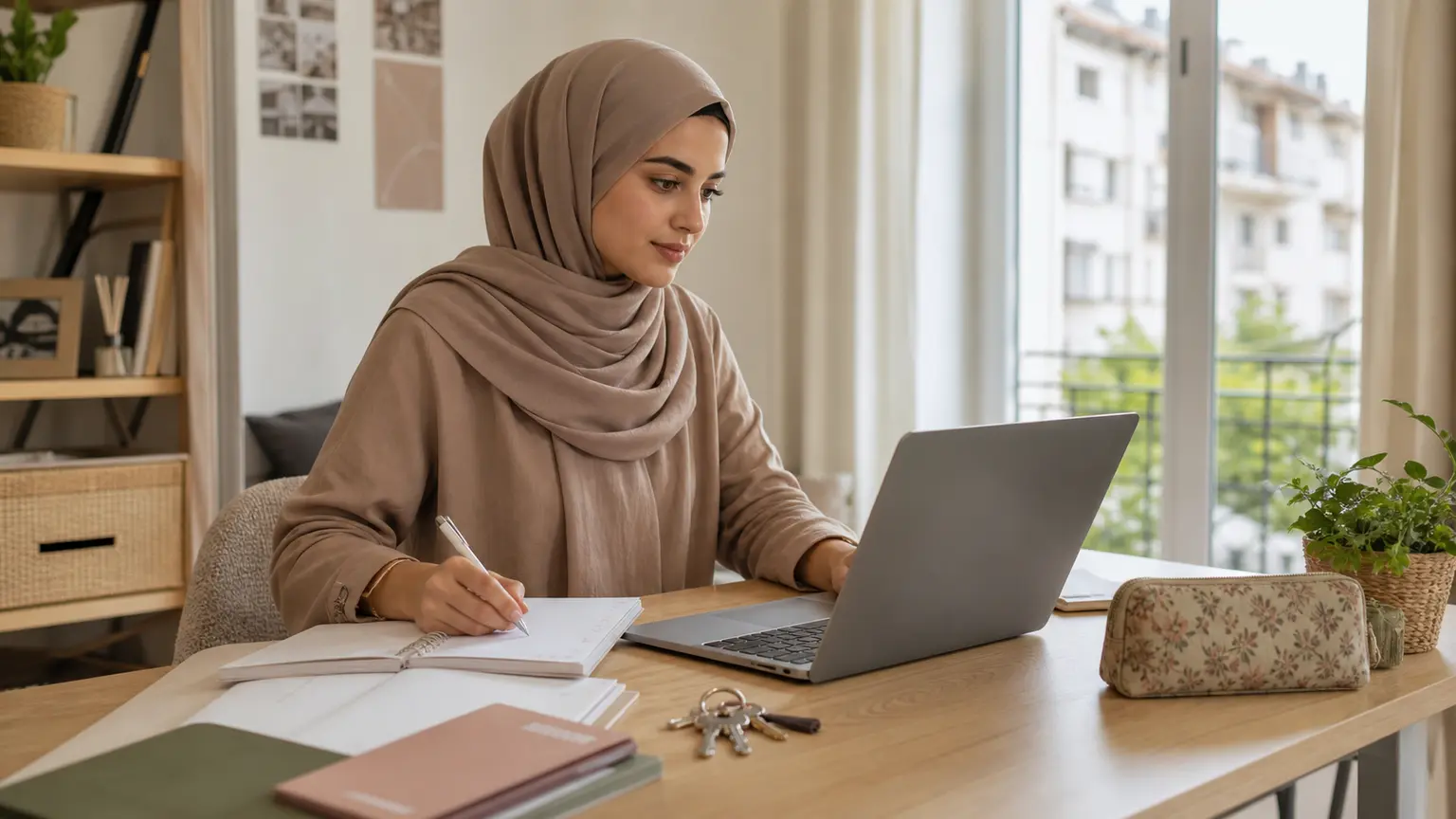 Une étudiante organise son dossier de logement et son calendrier à un bureau clair.