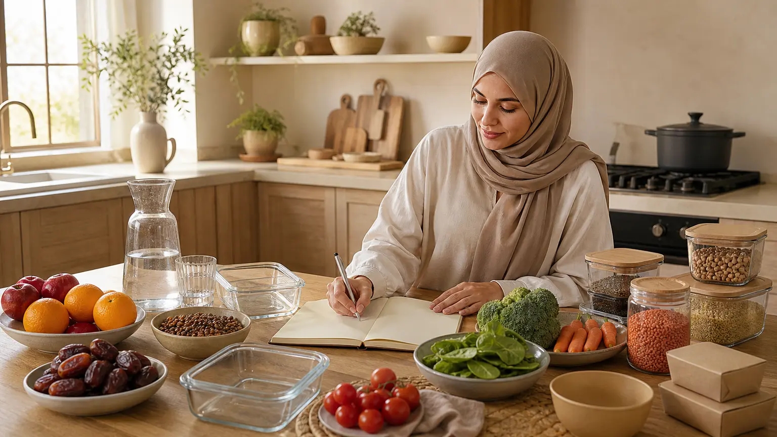 Femme musulmane en hijab taupe préparant un plan de repas avec des légumes, des légumineuses, des dattes et de l'eau dans une cuisine beige.