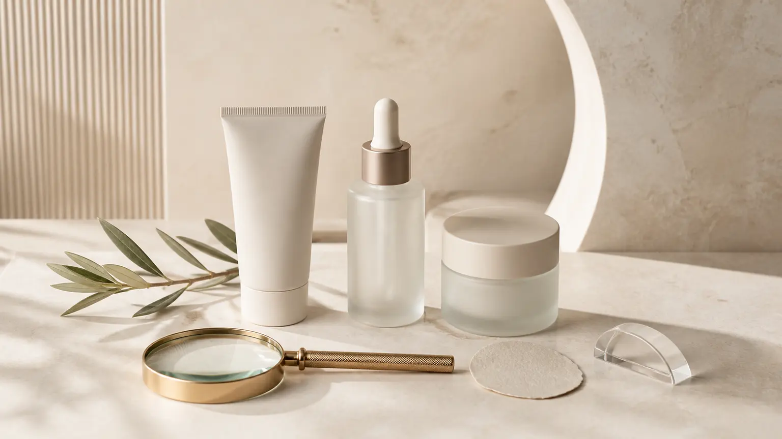 Trois contenants cosmétiques neutres sont disposés avec une loupe et des repères graphiques abstraits sur une table ivoire.