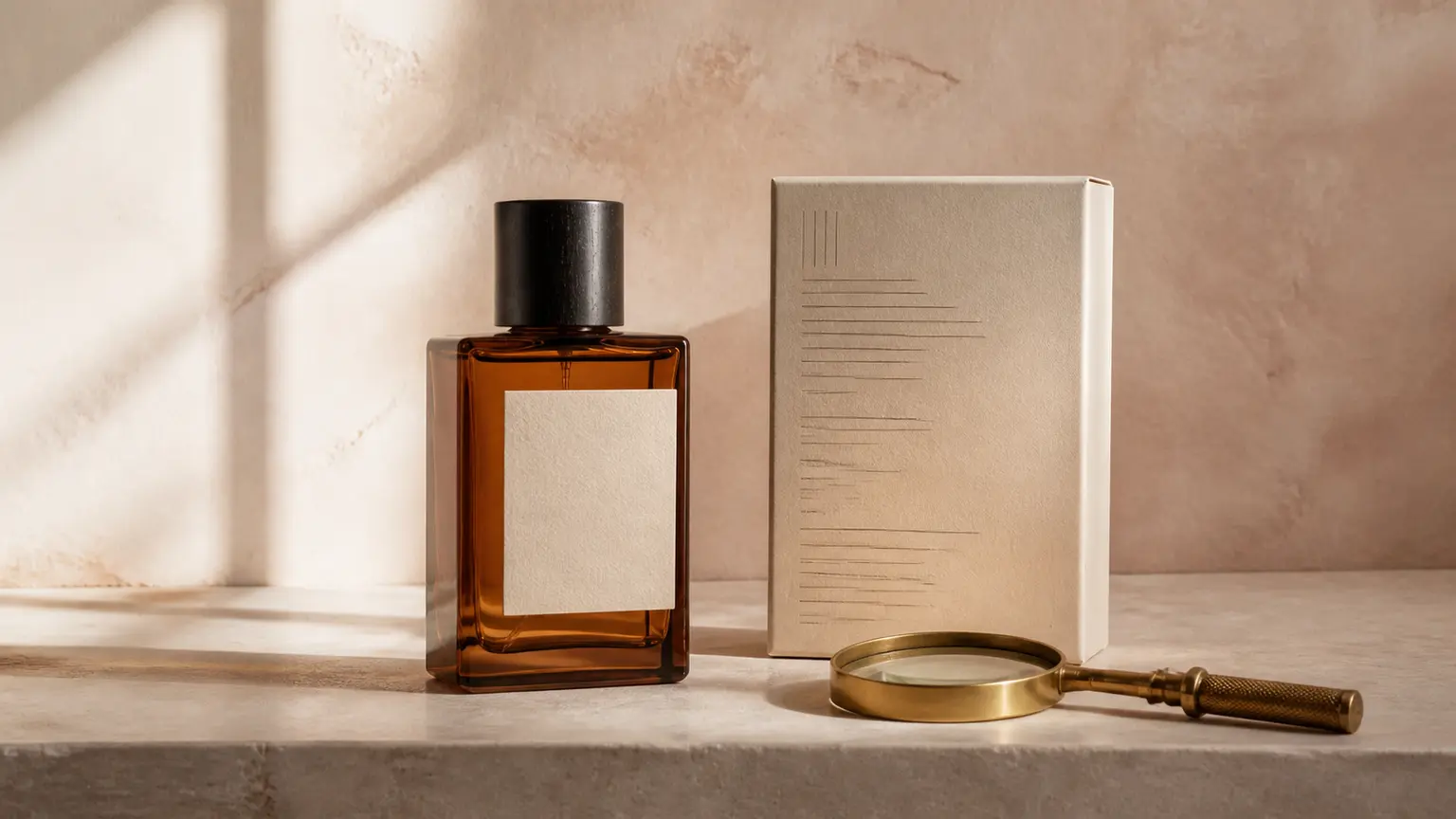 Un flacon de parfum ambré, une boîte cosmétique neutre et une loupe sont disposés sur une pierre beige rosé.