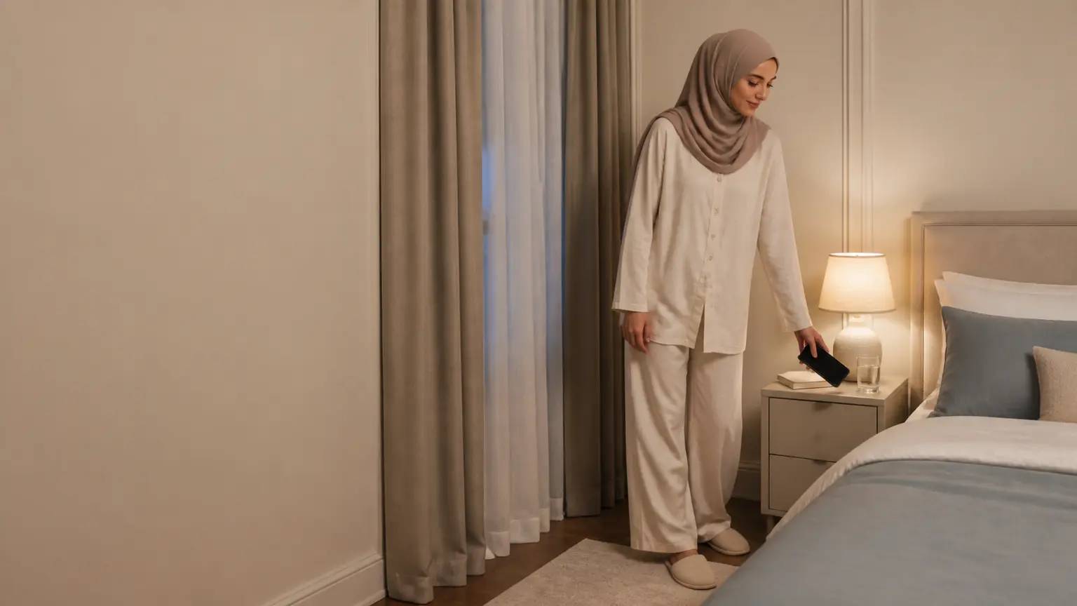 Femme musulmane en hijab taupe posant son téléphone sur une table de nuit dans une chambre calme.