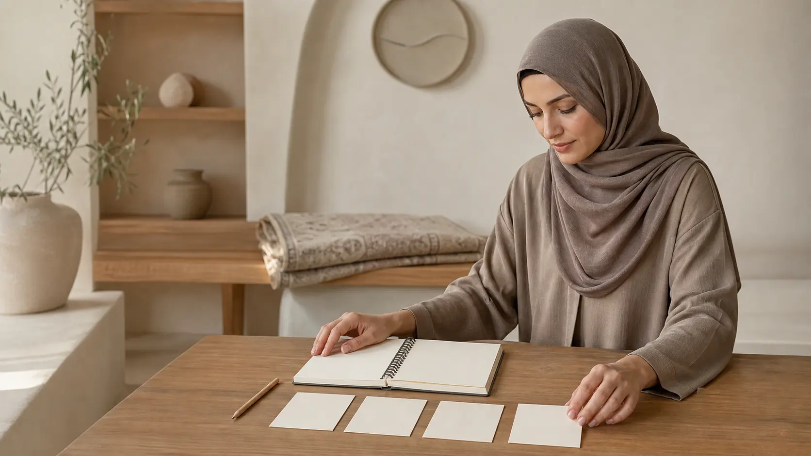Femme musulmane préparant un carnet d’apprentissage vierge dans un intérieur lumineux avec tapis textile plié.