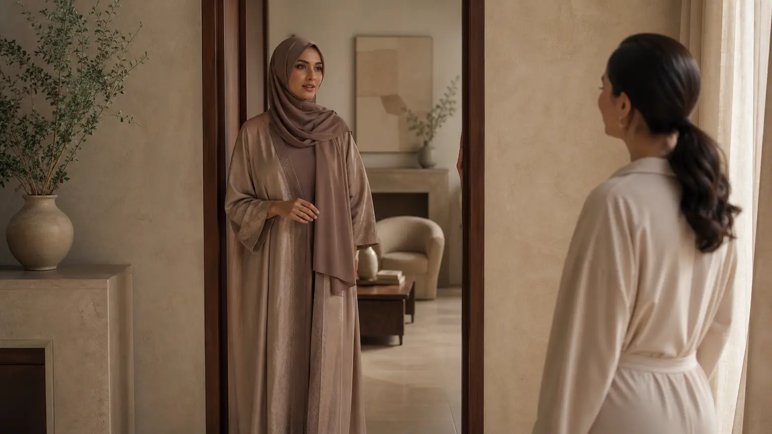 Femme musulmane posant calmement une limite relationnelle à l'entrée de son espace.