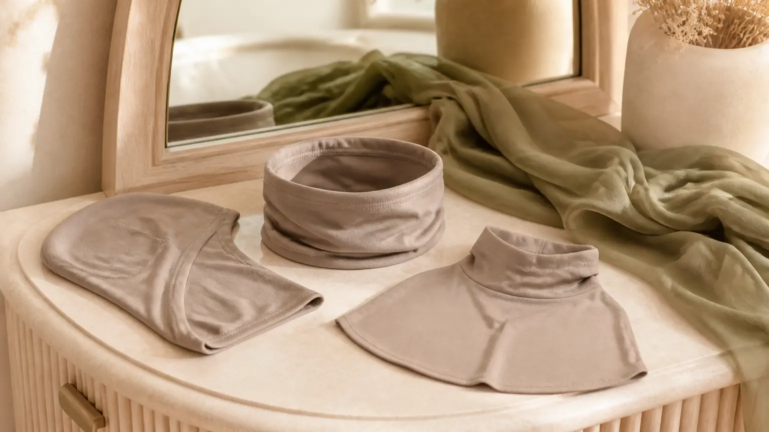 Bonnet sous hijab et cache-cou pliés avec un foulard taupe dans un atelier lumineux.