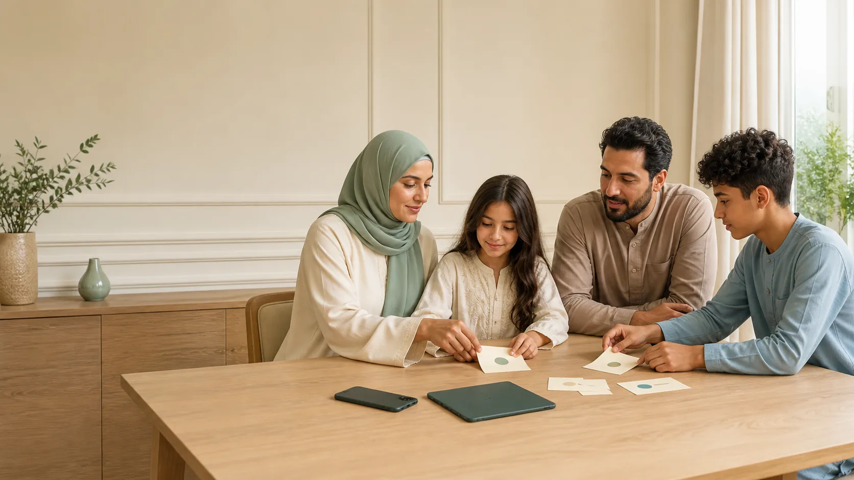 Parents et enfants préparant ensemble des règles simples pour les écrans