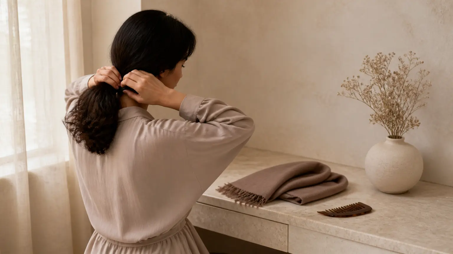 Une femme rassemble doucement ses cheveux devant une coiffeuse, avec un hijab taupe plié et un peigne à proximité.