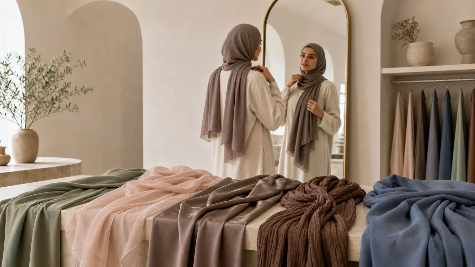 Scarves with varied textures and colours arranged in a bright workshop with a woman in front of a mirror.