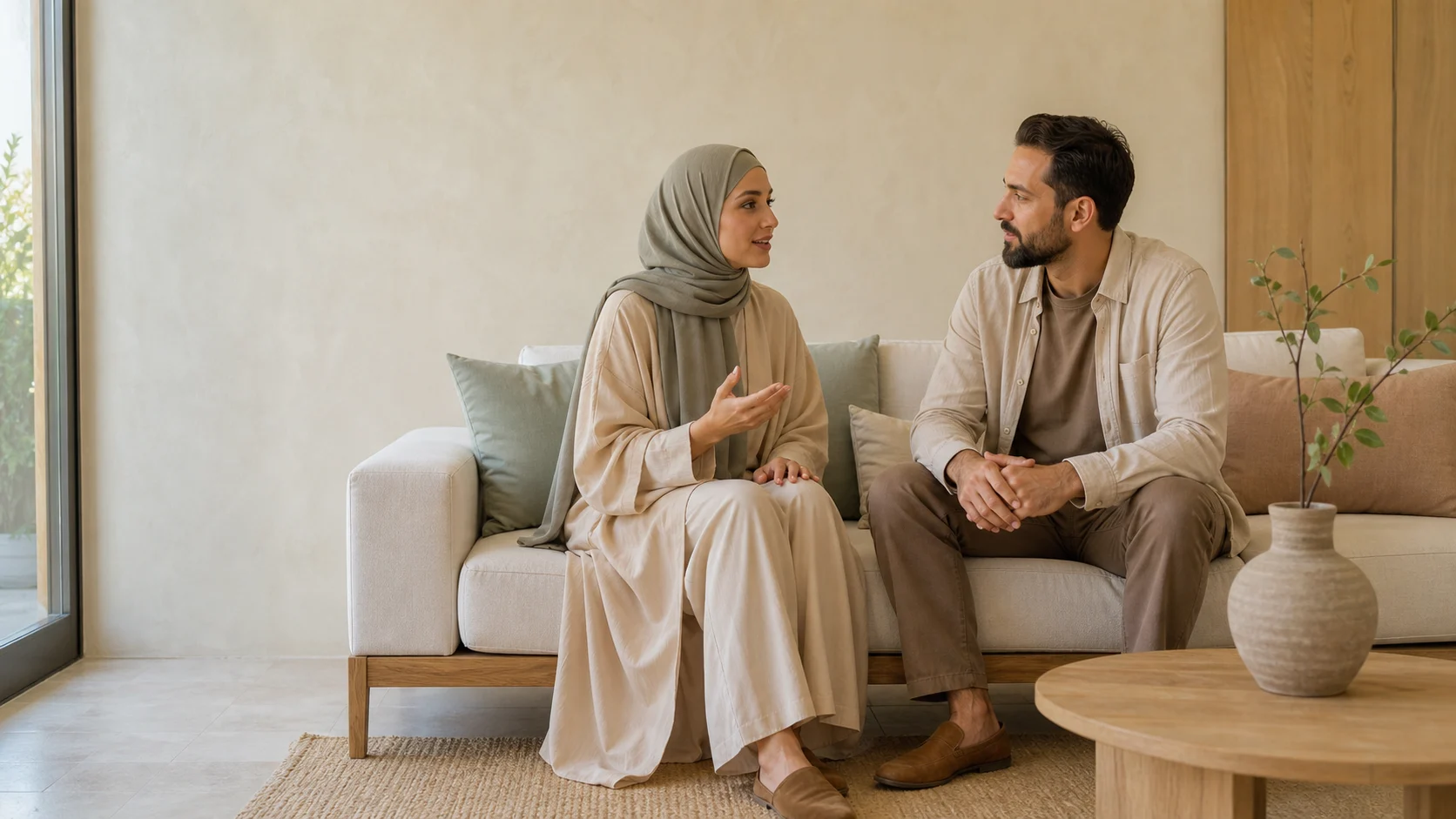 Couple musulman adulte échangeant calmement dans un salon clair