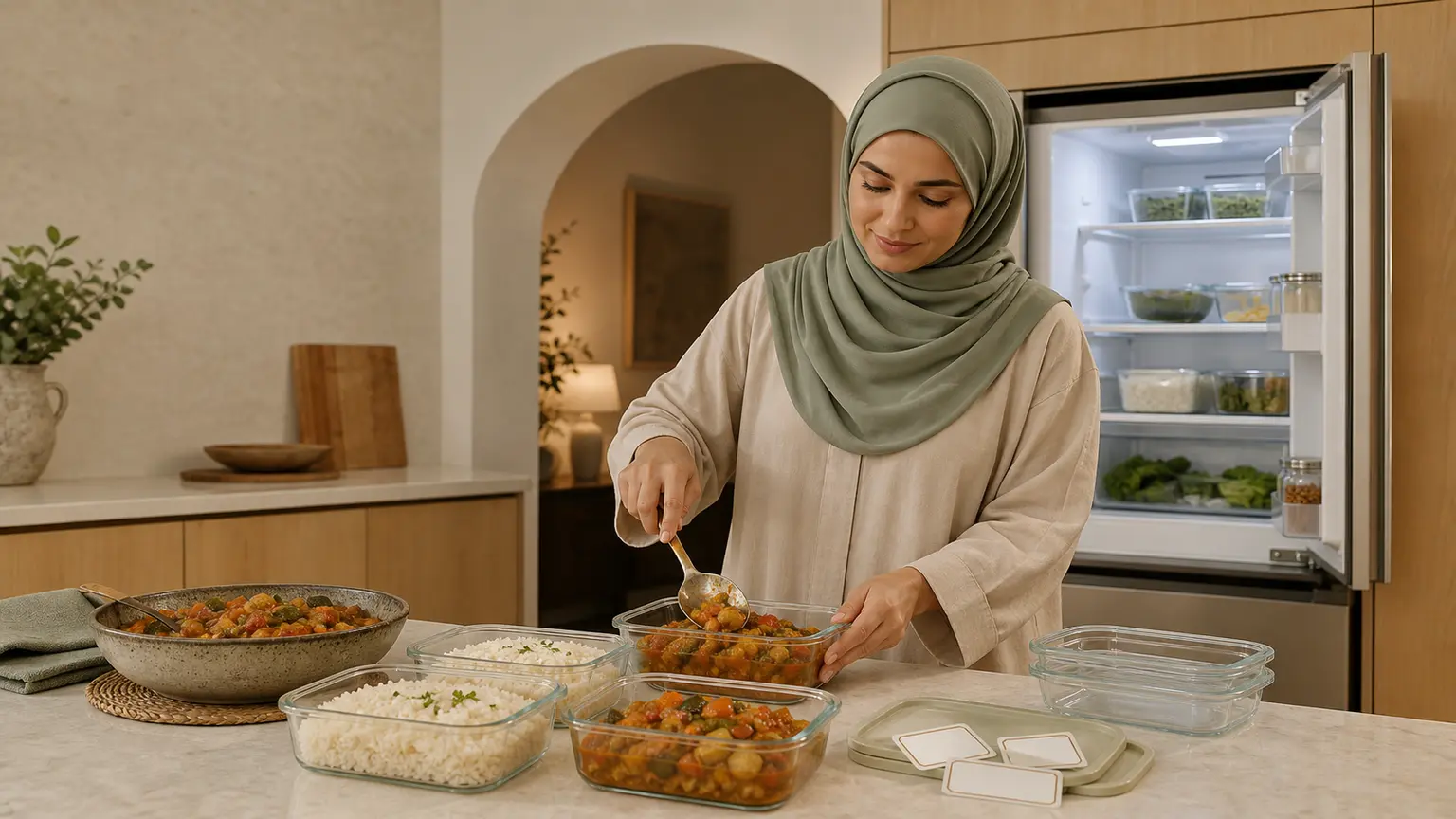 Femme musulmane en hijab sauge répartissant du riz et un ragoût de légumes dans des contenants en verre devant un réfrigérateur organisé.