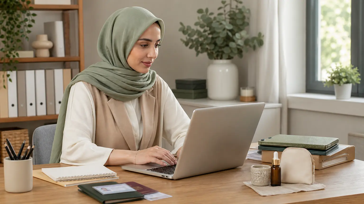 Entrepreneure musulmane préparant son dossier de micro-entreprise sur un ordinateur dans un bureau lumineux.