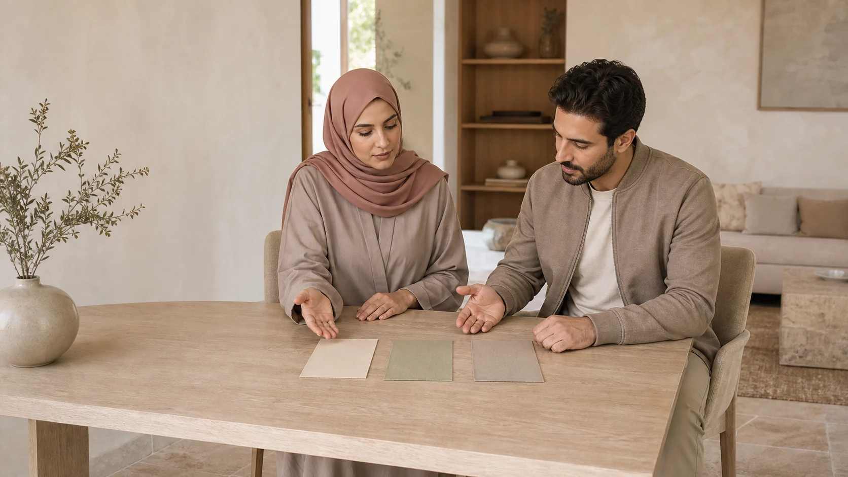 Couple musulman adulte organisant calmement plusieurs options avec des objets neutres