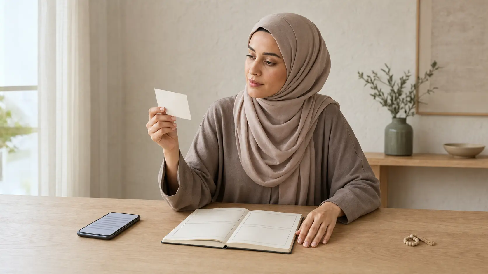 Femme musulmane organisant un carnet, une carte source et un téléphone aux contenus volontairement illisibles.