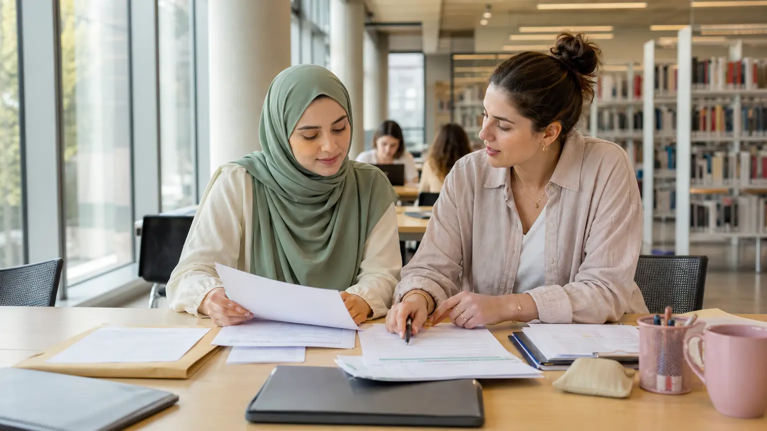 Étudiante musulmane préparant un dossier avec une conseillère dans une bibliothèque universitaire.