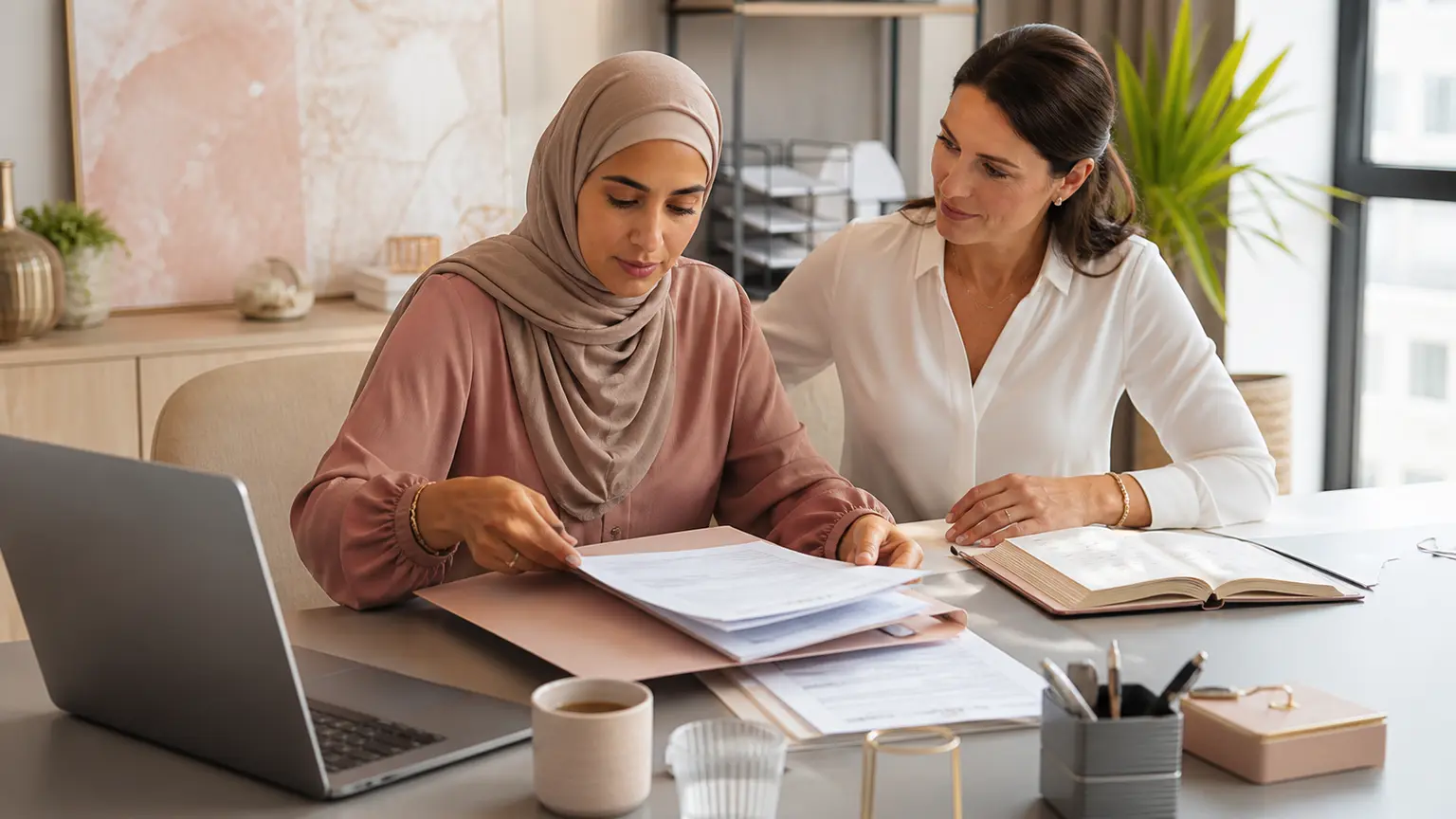Professionnelle musulmane organisant des documents avec une collègue dans un bureau lumineux.