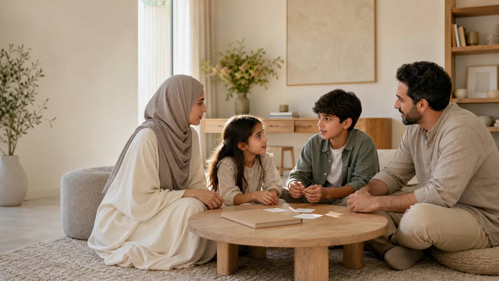 Parents musulmans échangeant calmement avec leurs enfants à la maison