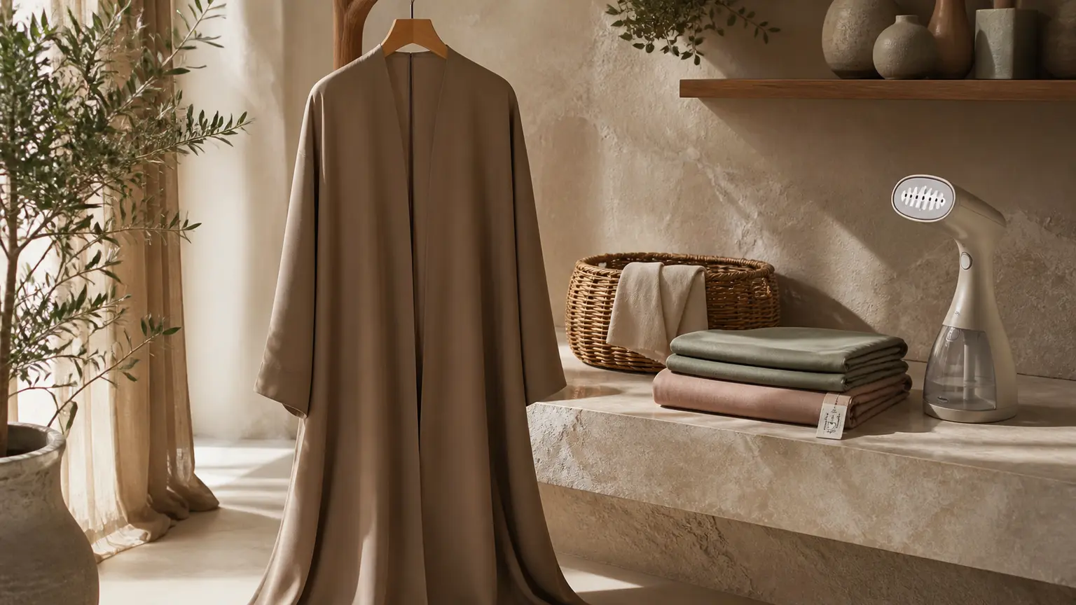 Abaya taupe suspendue près de foulards pliés dans un espace de soin textile lumineux.