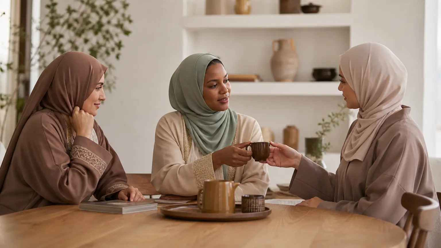 Trois femmes musulmanes échangeant avec écoute et respect autour d'une table.