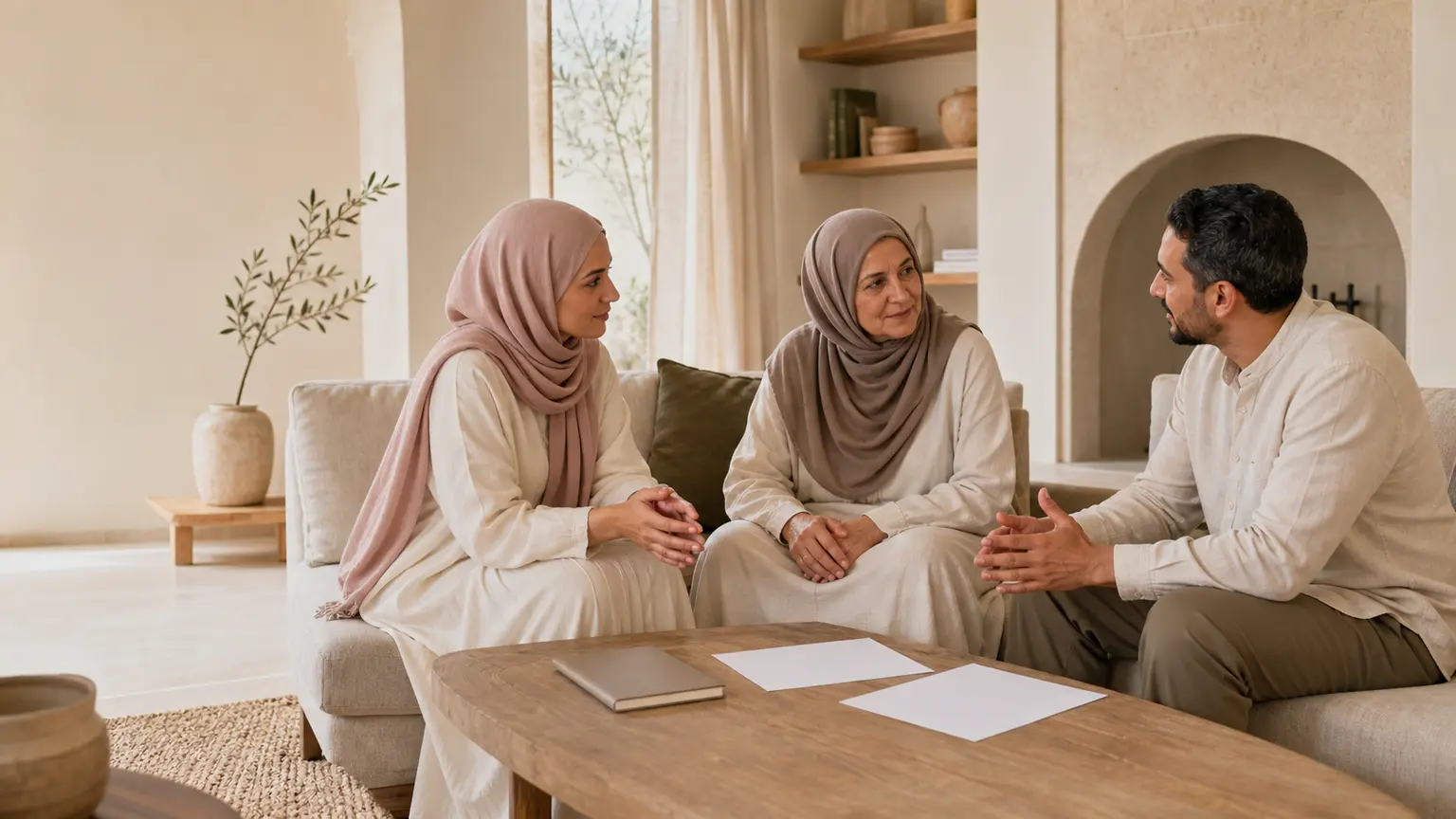 Trois adultes d’une famille musulmane échangent calmement dans un salon lumineux beige, autour d’une table basse sans texte.