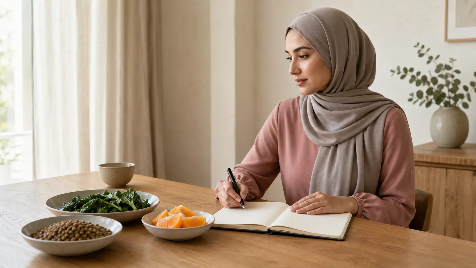 Femme musulmane adulte préparant calmement un carnet et un repas varié avec légumineuses, légumes verts et agrumes dans un intérieur lumineux.